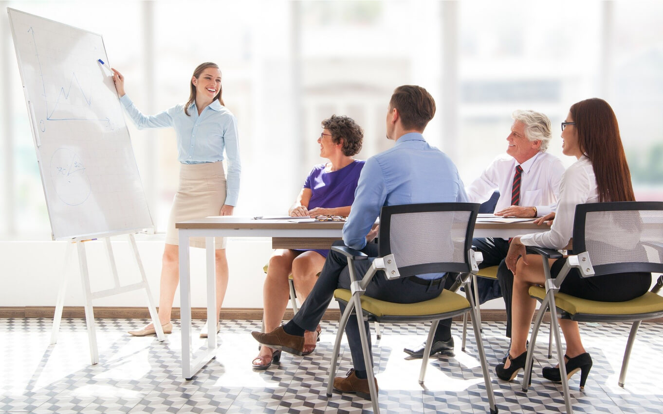 椅子に座っている4人の男女の前で1人の女性がホワイトボードで説明している様子